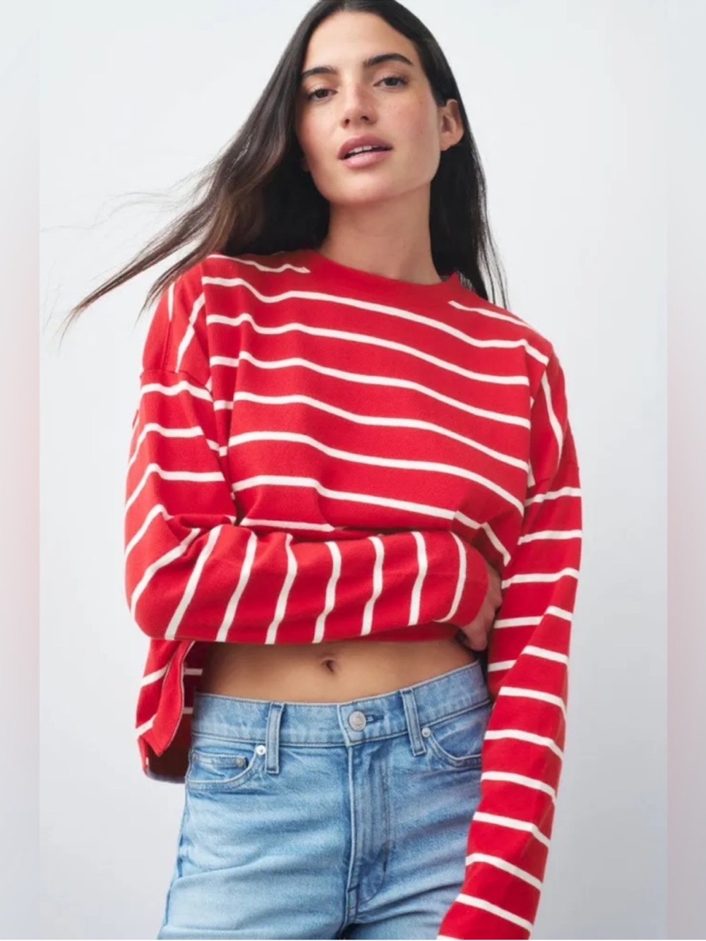 AYR The Half Day Tee In Pomodoro Dark Red White Striped Long Sleeve Oversized L